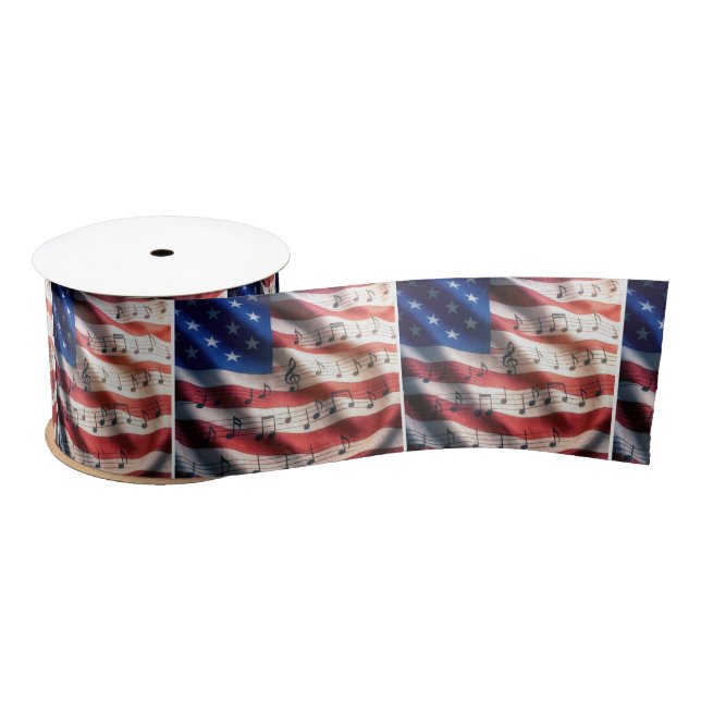 American Flag With Musical Notes Satin Ribbon (Spool)