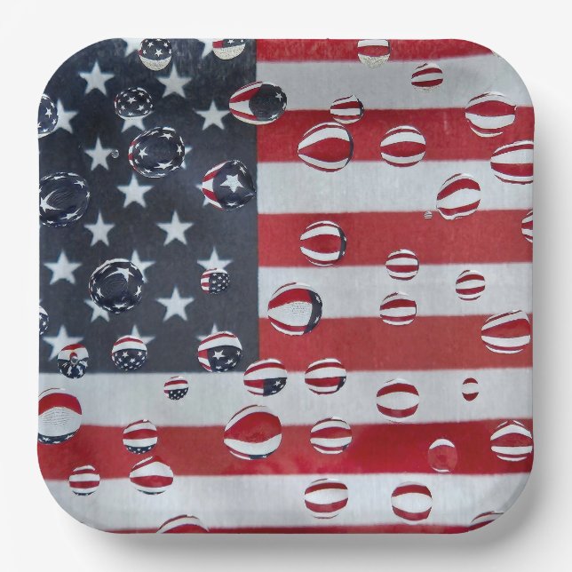 American Flag With Water Drops Paper Plate (Front)