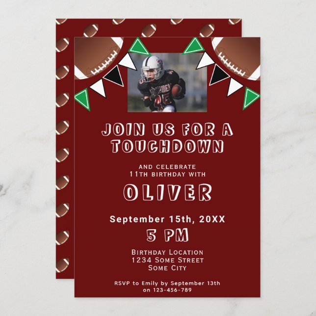 American Football Ball Flags Photo Birthday Party Invitation (Front/Back)