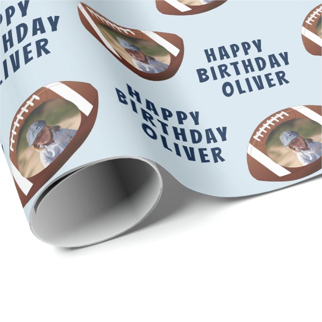 American Football Ball Happy Birthday Boy Photo Wrapping Paper (Roll Corner)