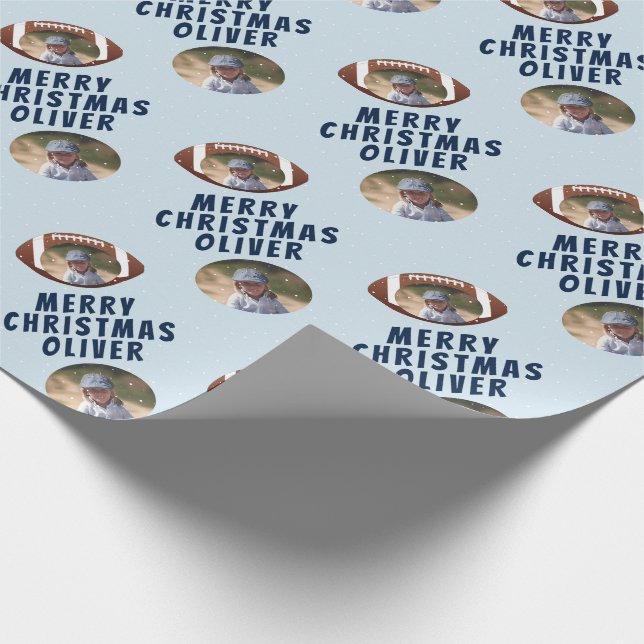 American Football Ball Merry Christmas Boy Photo Wrapping Paper (Corner)