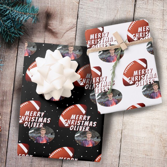 American Football Ball Merry Christmas Boy Photo Wrapping Paper Sheet (Creator Uploaded)