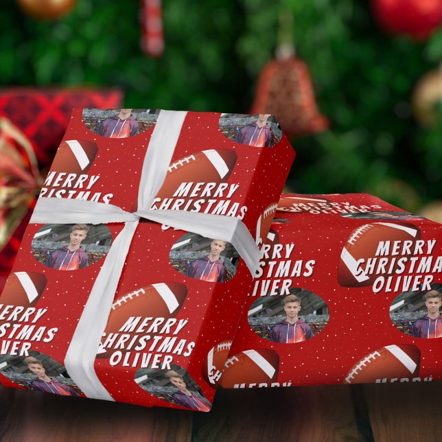 American Football Ball Merry Christmas Photo  Wrapping Paper (Creator Uploaded)