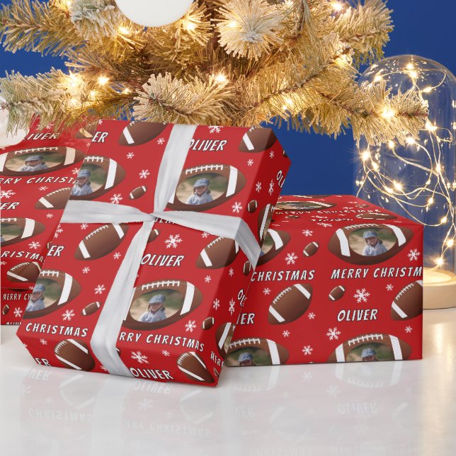 American Football Ball Merry Christmas Photo Wrapping Paper (Holidays)