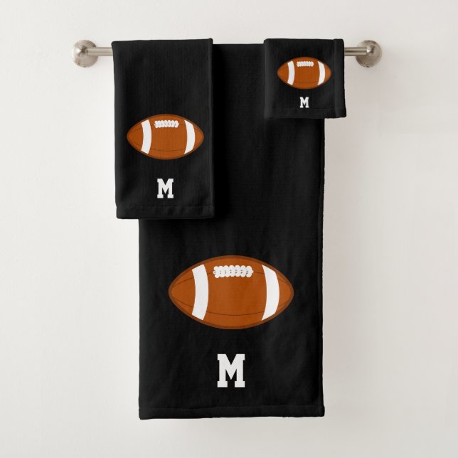 American Football Ball & Monogram on Black Bath Towel Set (Insitu)
