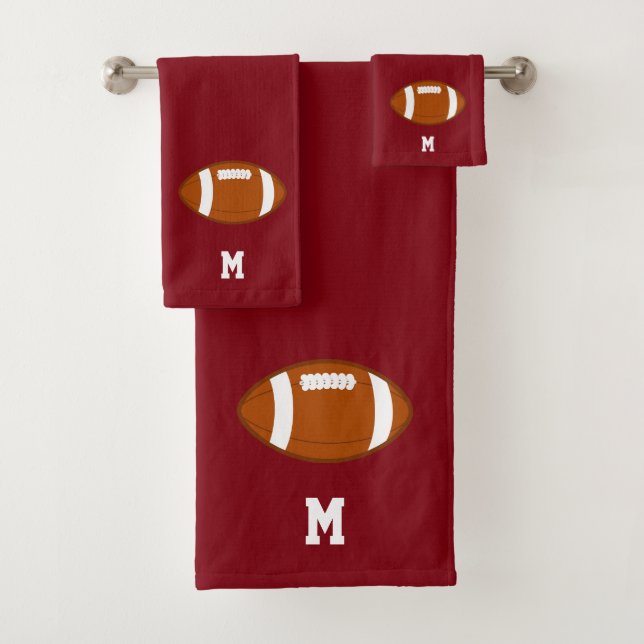 American Football Ball & Monogram on Maroon Bath Towel Set (Insitu)