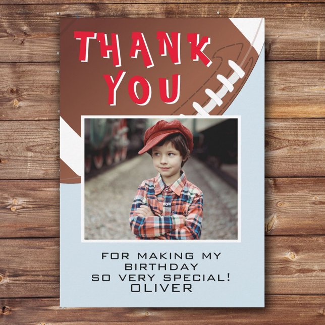 American Football Ball Sports Kids Birthday Photo  Thank You Card (Creator Uploaded)
