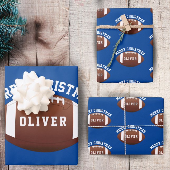 American Football Balls Name Blue Christmas Wrapping Paper Sheet (Creator Uploaded)
