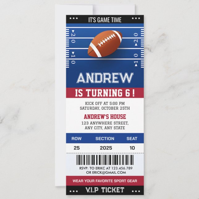 American Football birthday Ticket Party For Boy Invitation (Front)