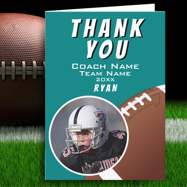 American Football Coach Football Ball Teal Photo Thank You Card (Creator Uploaded)