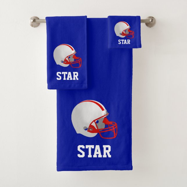 American Football Helmet & Text on Blue Bath Towel Set (Insitu)