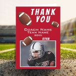 American Football Red Thank you Coach Photo Card<br><div class="desc">American Football Red Thank you Coach Photo Card. Football thank you coach card with photo, thank you text, coach name, team name, year, your name and football balls. Inside the card are more football balls. Photo thank you card - add your photo into the template. Personalise the card with names...</div>