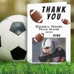 American Football Thank you Coach Photo Card<br><div class="desc">American Football Thank you Coach Photo Card. Football thank you coach card with photo, thank you text, coach name, team name, year, your name and football balls. Inside the card are more football balls. Photo thank you card - add your photo into the template. Personalise the card with names and...</div>