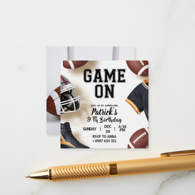 American football–themed birthday invitation (Front/Back In Situ)