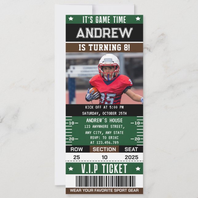 American Football Ticket with custom Photo Invitation (Front)
