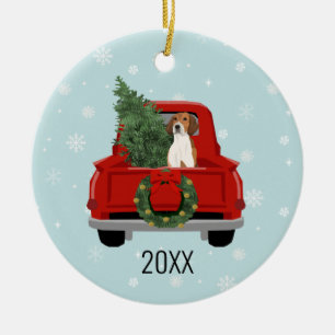 American Foxhound Christmas Red Truck Ceramic Ornament