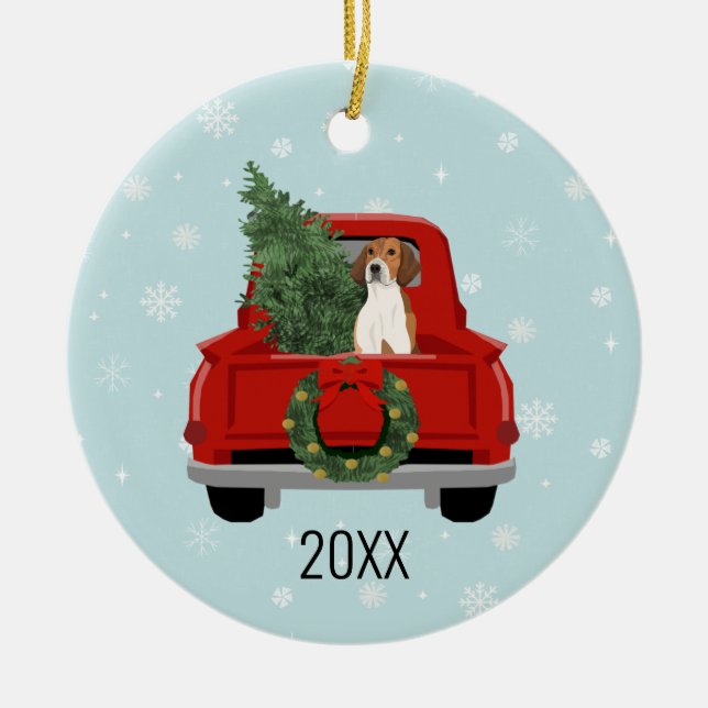 American Foxhound Christmas Red Truck Ceramic Ornament (Front)