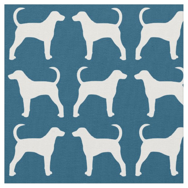 American Foxhound Dog Silhouettes Blue and White Fabric (Close Up)