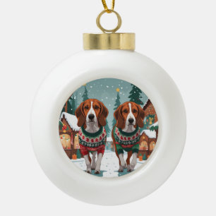 American Foxhound Dogs Christmas Snow Holiday Ceramic Ball Christmas Ornament