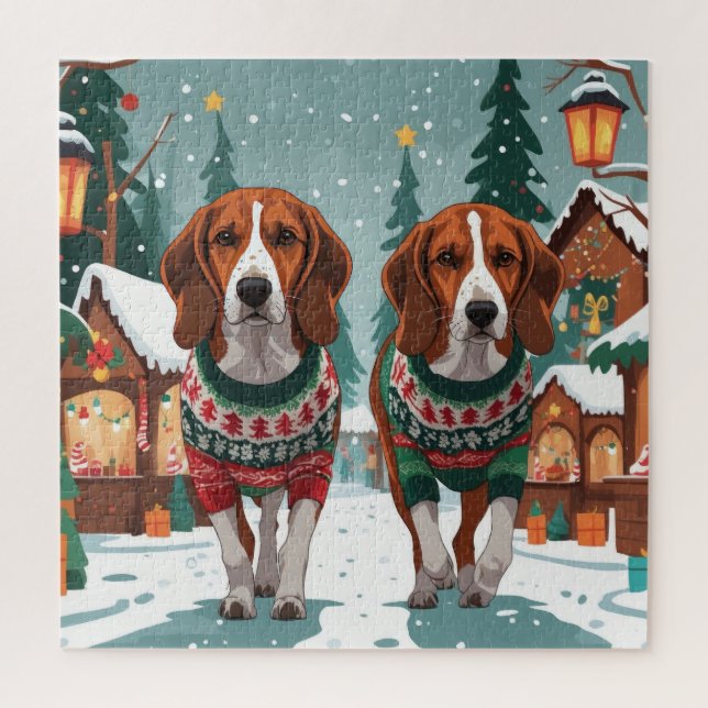 American Foxhound Dogs Christmas Snow Holiday Jigsaw Puzzle (Vertical)
