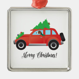 American Foxhound Driving Car with Christmas Tree Metal Tree Decoration