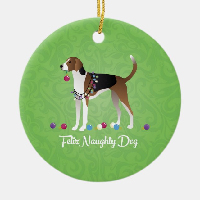 American Foxhound Feliz Naughty Dog Christmas Ceramic Tree Decoration (Front)