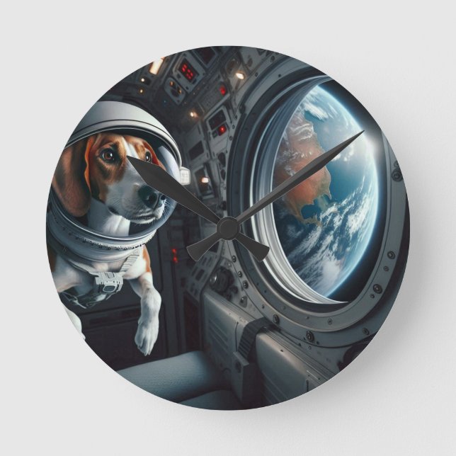American Foxhound Outer Space Rocketship Planet Round Clock (Front)