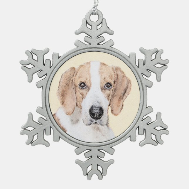 American Foxhound Painting - Cute Original Dog Art Snowflake Pewter Christmas Ornament (Front)
