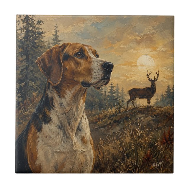 American Foxhound with Whitetail Deer Ceramic Tile (Front)