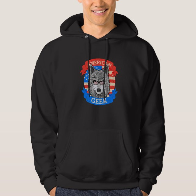 American Geek with a Wolf and Glasses Hoodie (Front)