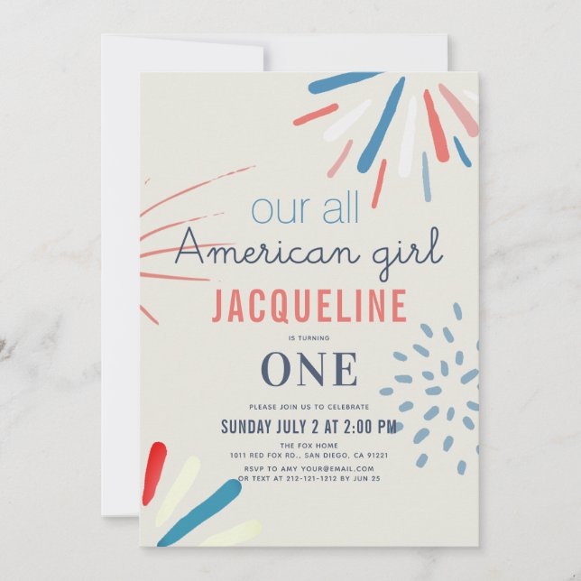 American Girl 4th of July Fireworks 1st Birthday Invitation (Front)