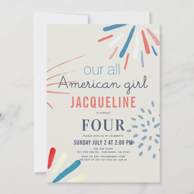 American Girl 4th of July Fireworks Birthday Invitation (Front)