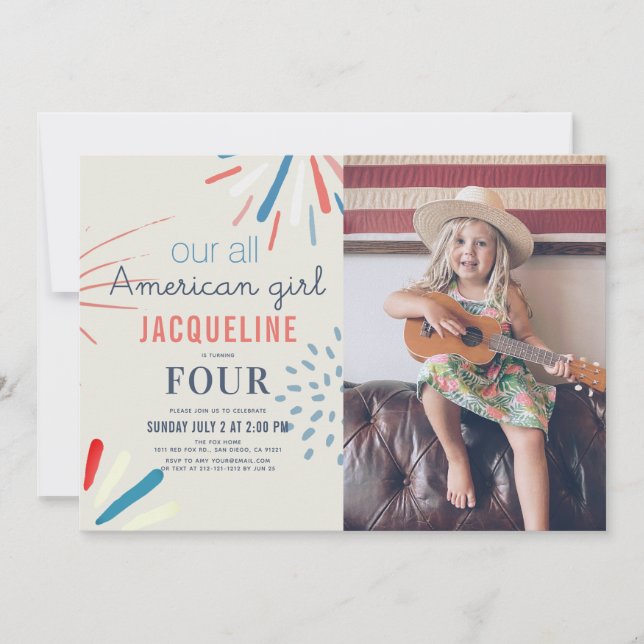 American Girl 4th of July Fireworks Birthday Photo Invitation (Front)