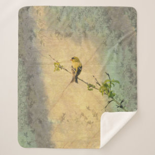 American Gold Finch on Branch Yellow Green Sherpa Blanket