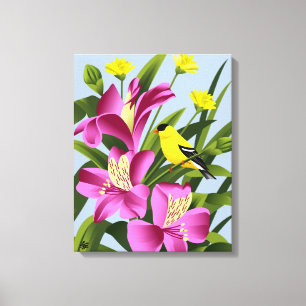 American Goldfinch and Alstroemeria Flower Art Canvas Print