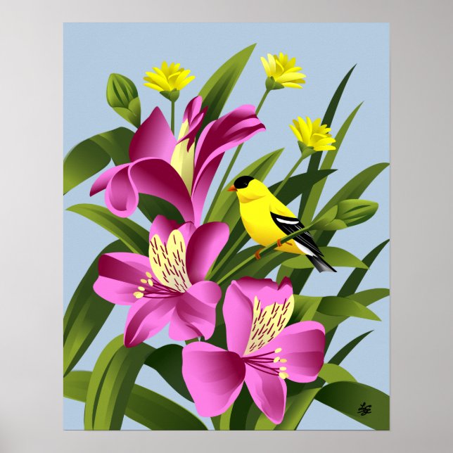 American Goldfinch and Alstroemeria Flower Art Poster (Front)