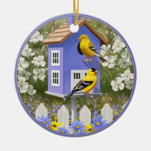 American Goldfinch Bird House Flower Garden Ceramic Tree Decoration