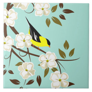 American Goldfinch On Flowering Dogwood Branch Ceramic Tile