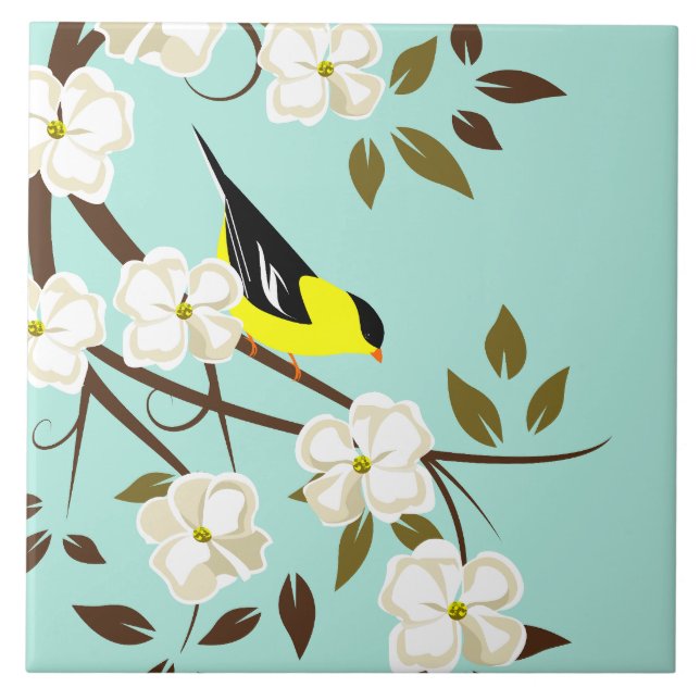 American Goldfinch On Flowering Dogwood Branch Ceramic Tile (Front)