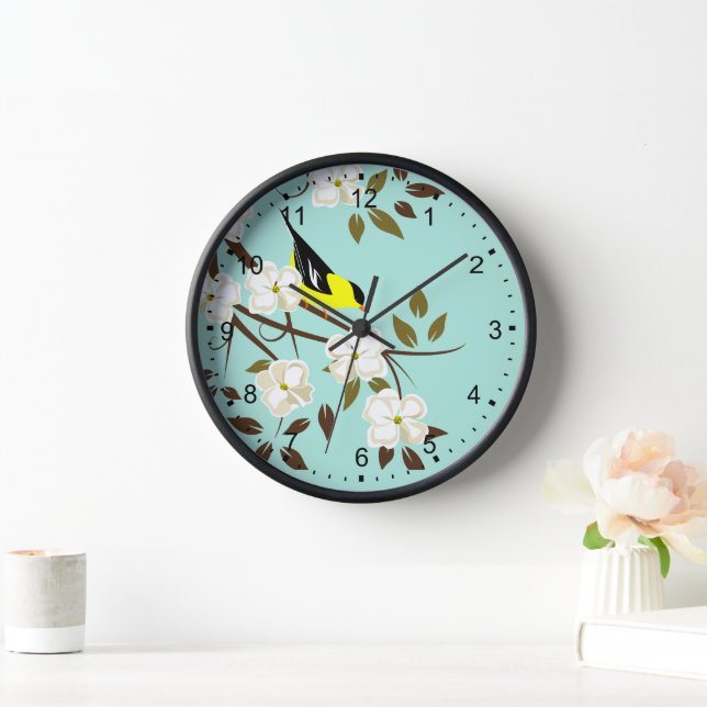American Goldfinch On Flowering Dogwood Branch Clock (Home)