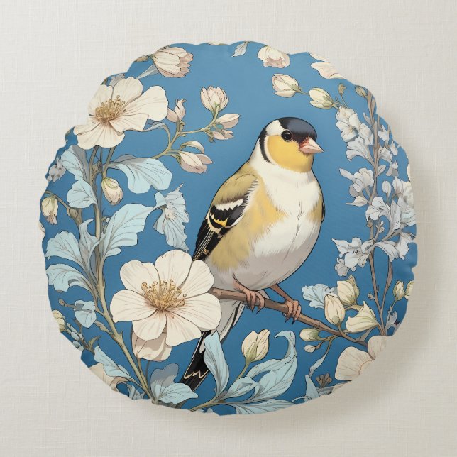 American Goldfinch William Morris Inspired Round Cushion (Front)