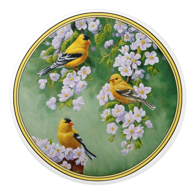 American Goldfinches & Pink Apple Blossoms Ceramic Knob (Front)
