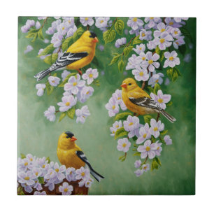 American Goldfinches & Pink Apple Blossoms Tile