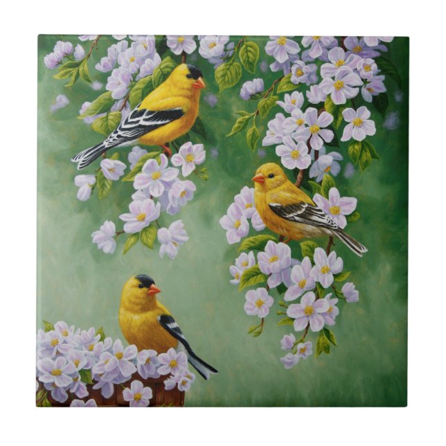 American Goldfinches & Pink Apple Blossoms Tile (Front)