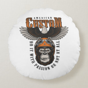 American Gorilla Motorcycle Vintage Biker Eagle Round Cushion