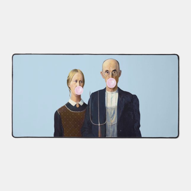 American Gothic blowing pink bubble gum Desk Mat (Front)