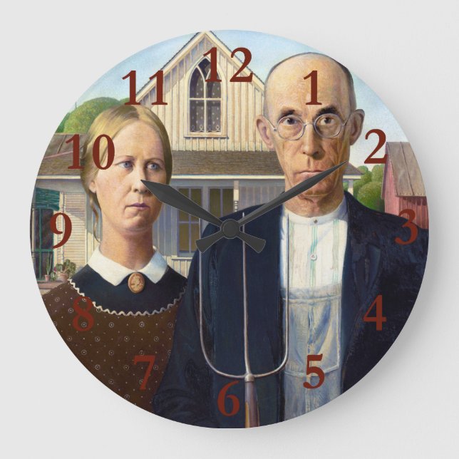 American Gothic Classic Painting Grant Wood Large Clock (Front)