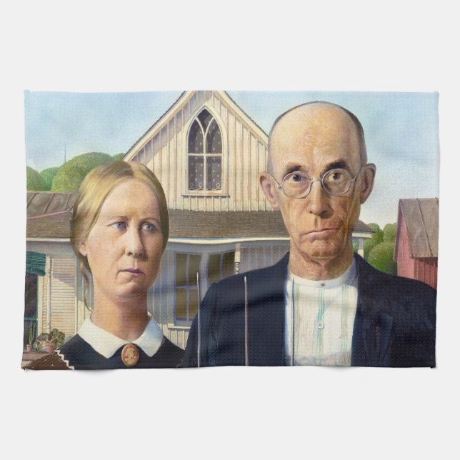 American Gothic Classic Painting Grant Wood Tea Towel (Horizontal)