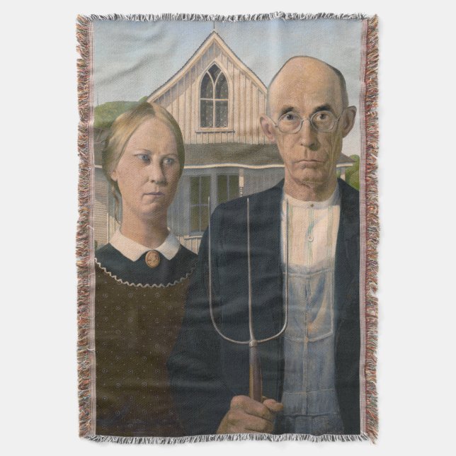 American Gothic: Country Life Poor Rural Farmer Throw Blanket (Front Vertical)