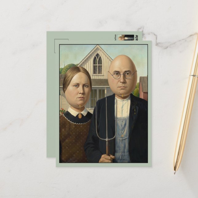 American Gothic Eggheads Parody Postcard (Front/Back In Situ)